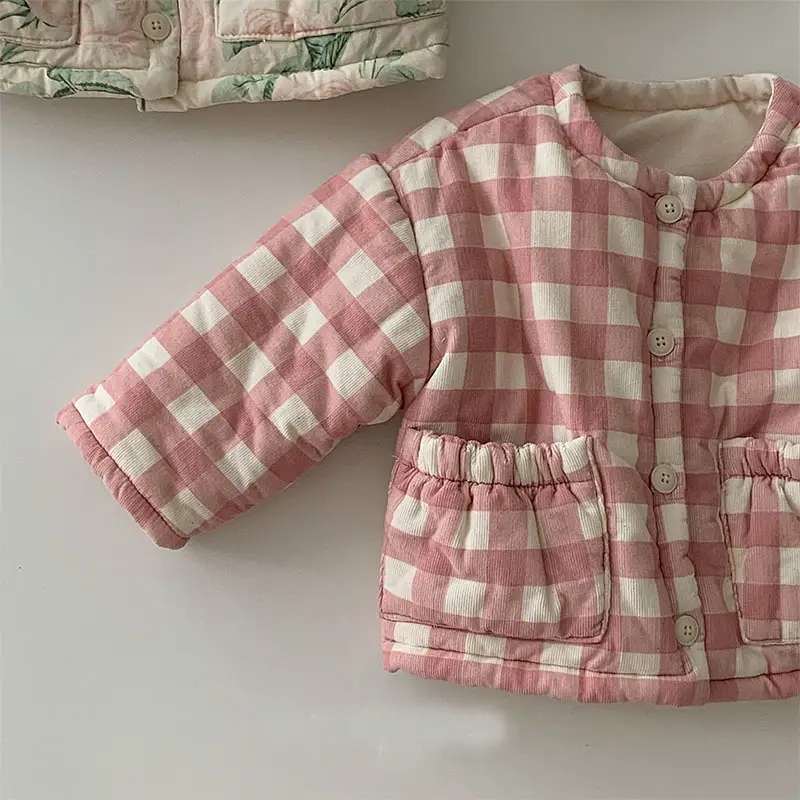 Korean Style Cotton Coat for Baby Women Pink Checkered - Image 4