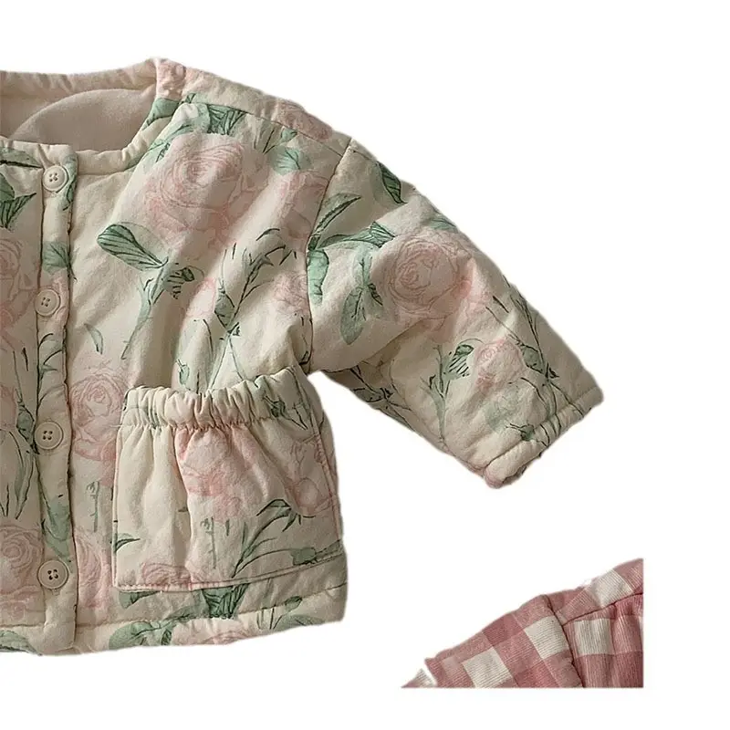 Korean Style Cotton Coat for Baby Women Pink Checkered - Image 6