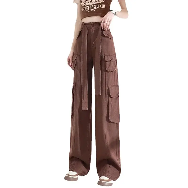 Hot Girl Brown Multi-Pocket Wide Leg Pants for Women - Image 9