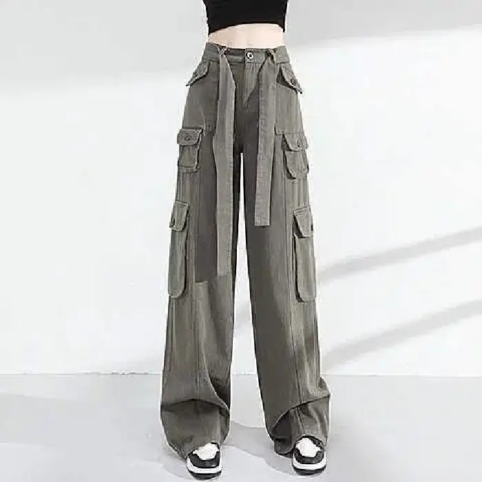 Hot Girl Brown Multi-Pocket Wide Leg Pants for Women - Image 3