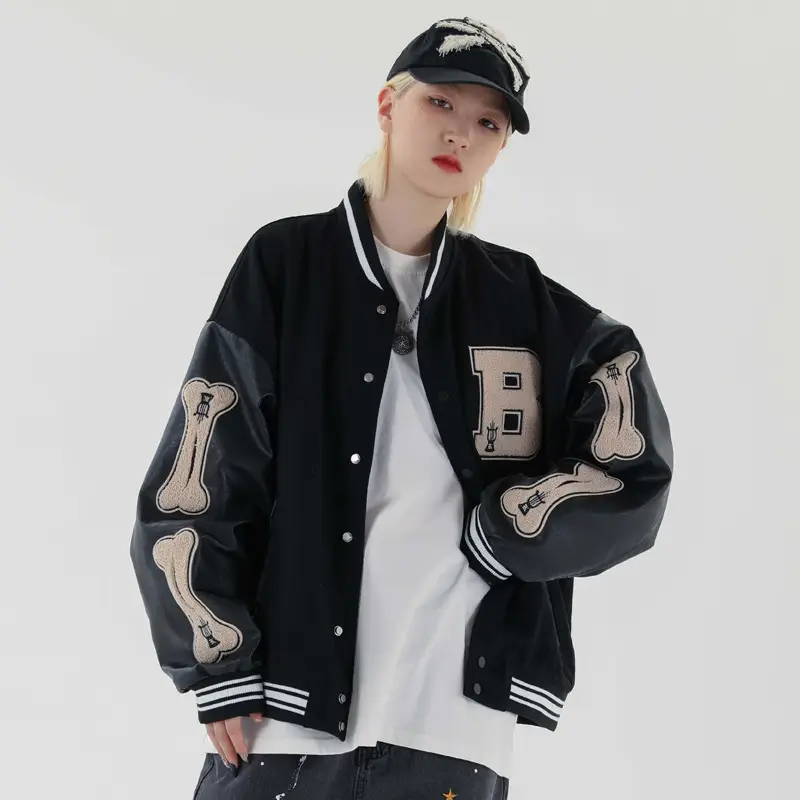Men's Green Bone Print Baseball Jacket with White Underlayer - Image 6