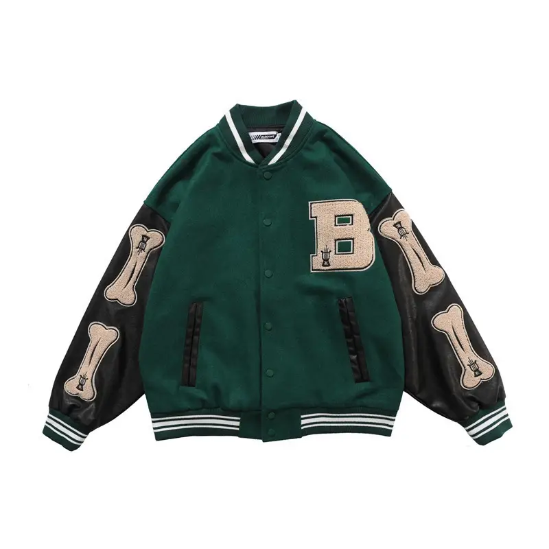 Men's Green Bone Print Baseball Jacket with White Underlayer - Image 8