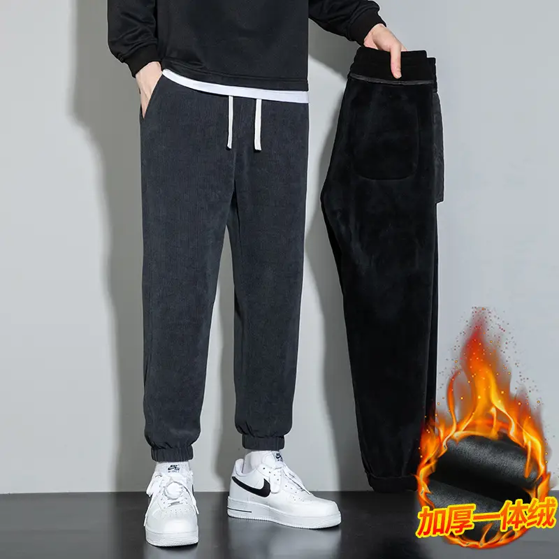 Men Heavy Corduroy Sweatpants Black Fleece Large - Image 7