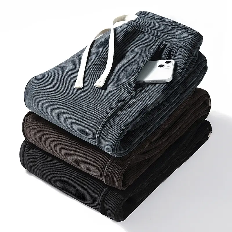 Men Heavy Corduroy Sweatpants Black Fleece Large - Image 8