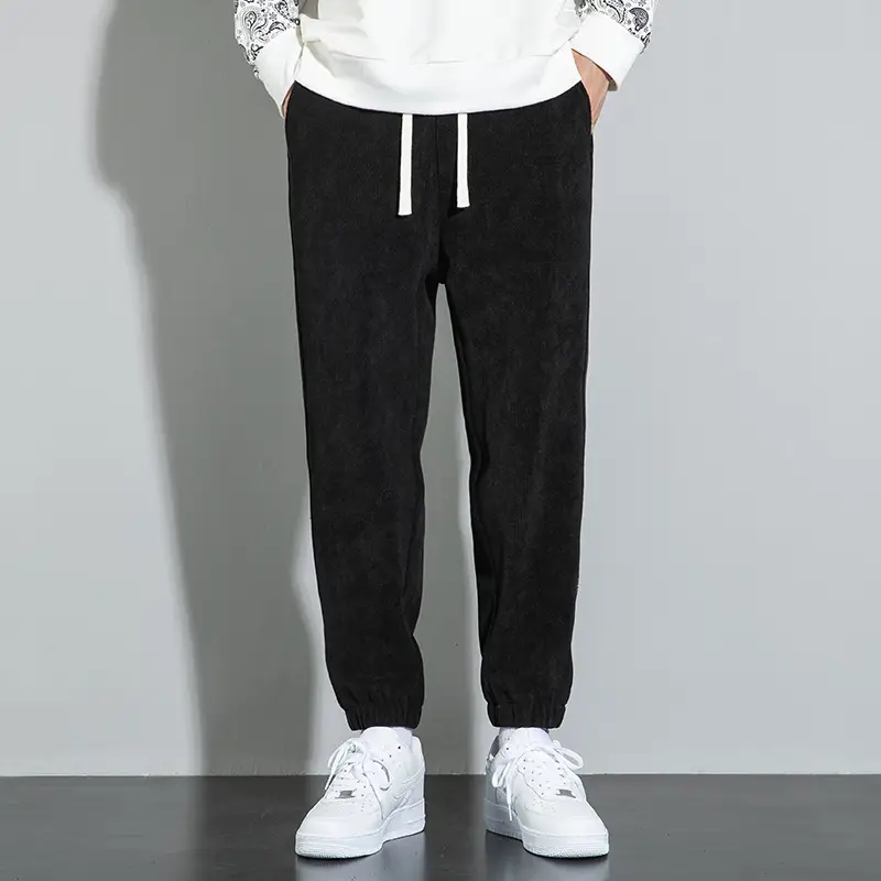 Men Heavy Corduroy Sweatpants Black Fleece Large - Image 2