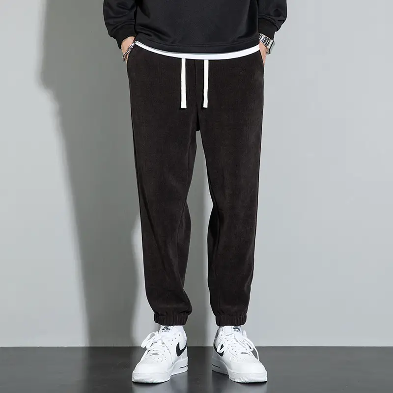 Men Heavy Corduroy Sweatpants Black Fleece Large - Image 3