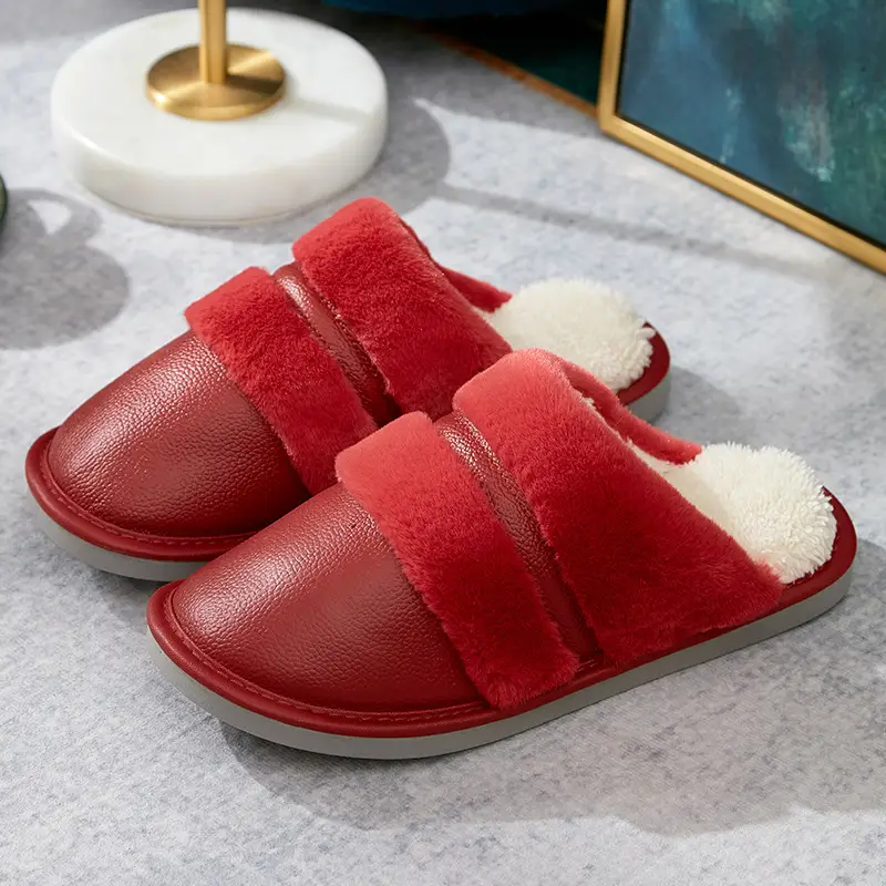 Winter plus size Cotton Slippers Home Household Wholesale Indoor Waterproof Leather Slippers Genuine Leather fleece-lined Men's Plus Fat Plus - Image 6
