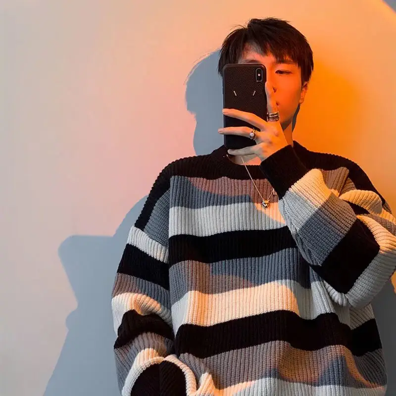 Men's Black White Striped Knit Sweater Retro Hong Kong Style
