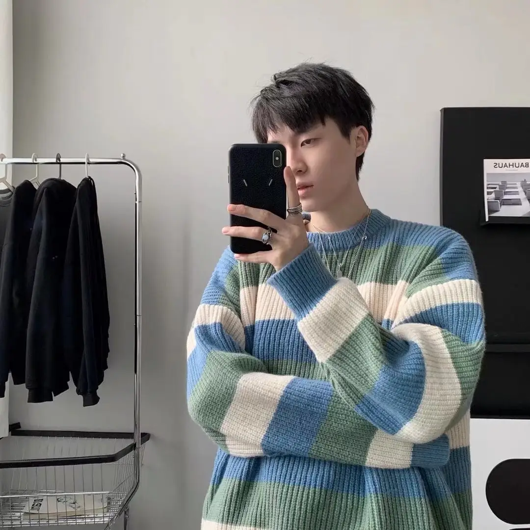 Men's Black White Striped Knit Sweater Retro Hong Kong Style