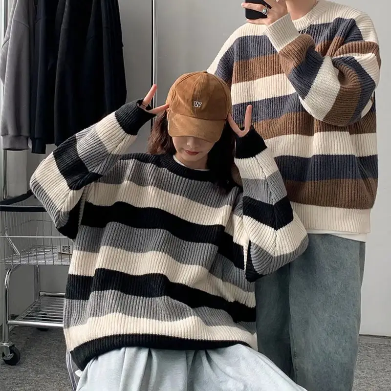 Men's Black White Striped Knit Sweater Retro Hong Kong Style