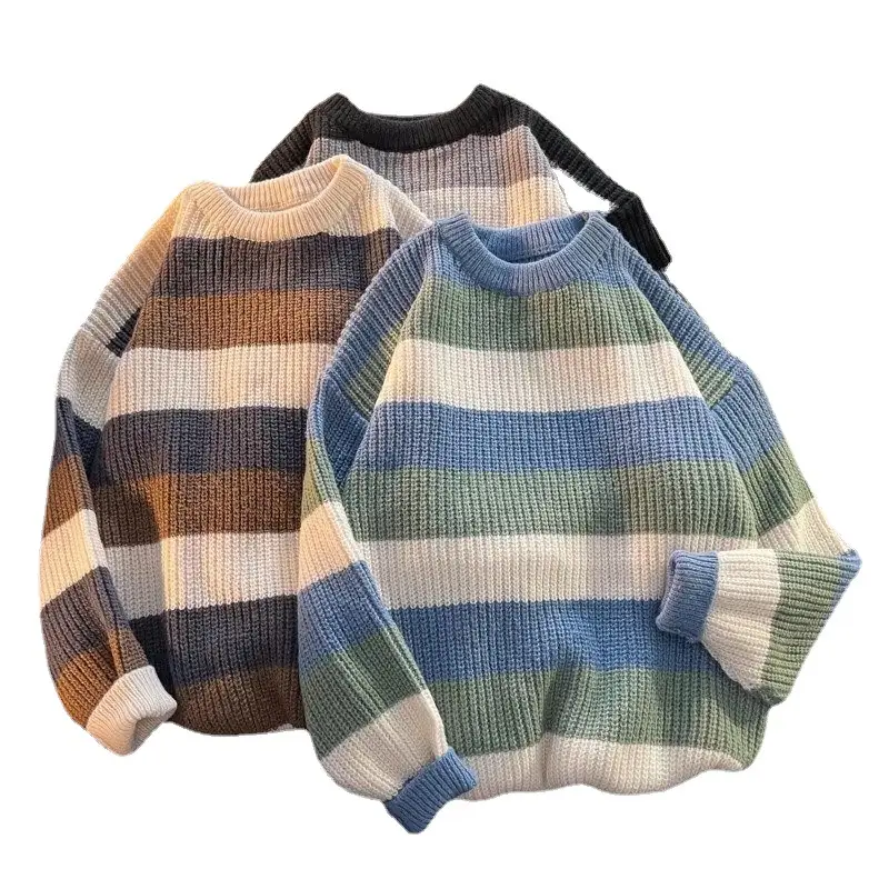 Men's Black White Striped Knit Sweater Retro Hong Kong Style