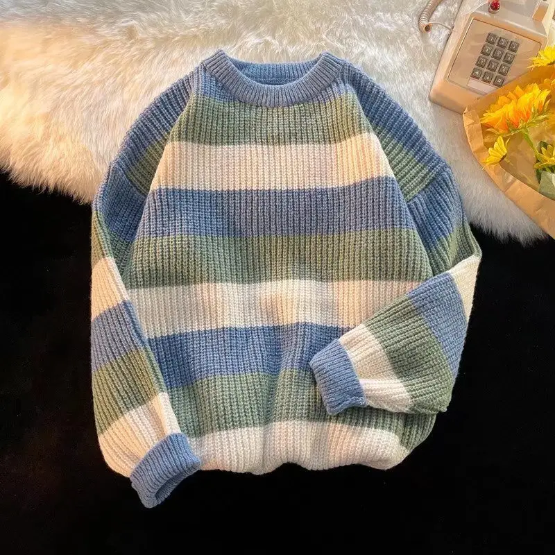 Men's Black White Striped Knit Sweater Retro Hong Kong Style