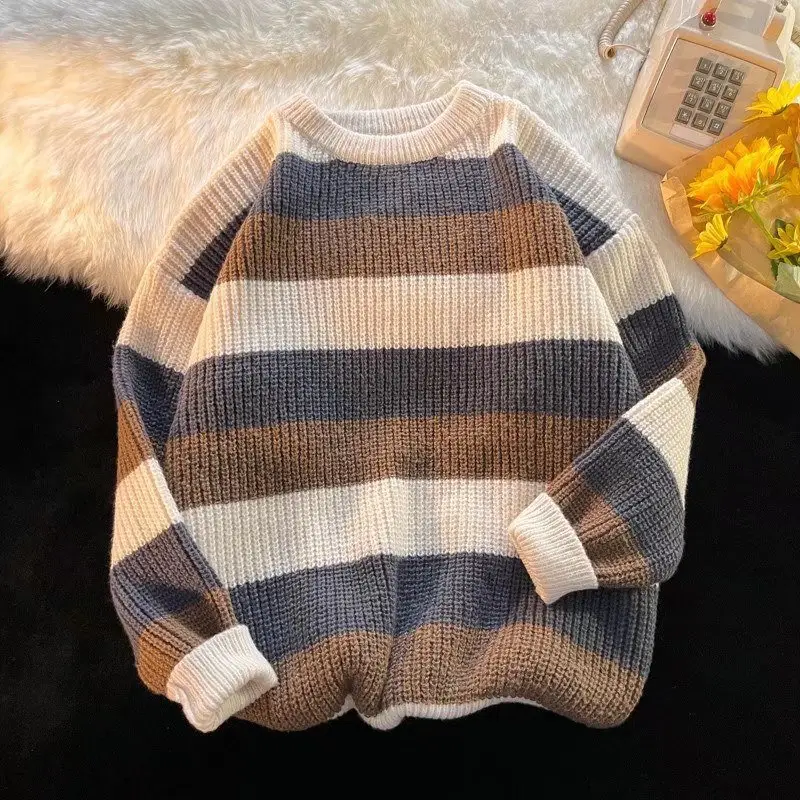 Men's Black White Striped Knit Sweater Retro Hong Kong Style