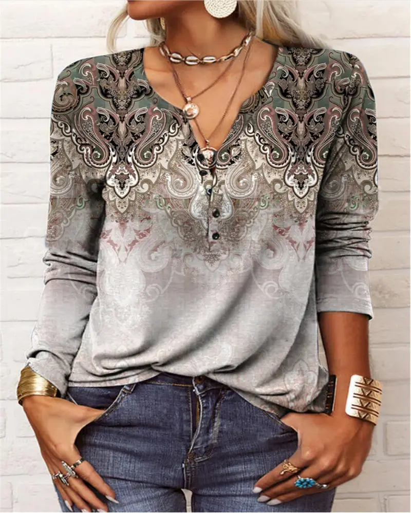 2022 Women's Printed Long Sleeve Ethnic T-Shirt Red Black - Image 9