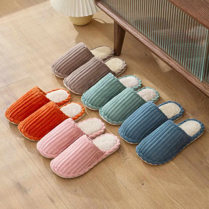 Warm striped cotton slippers home indoor men and women couples thickened non-slip wool plush cotton slippers factory stall wholesale