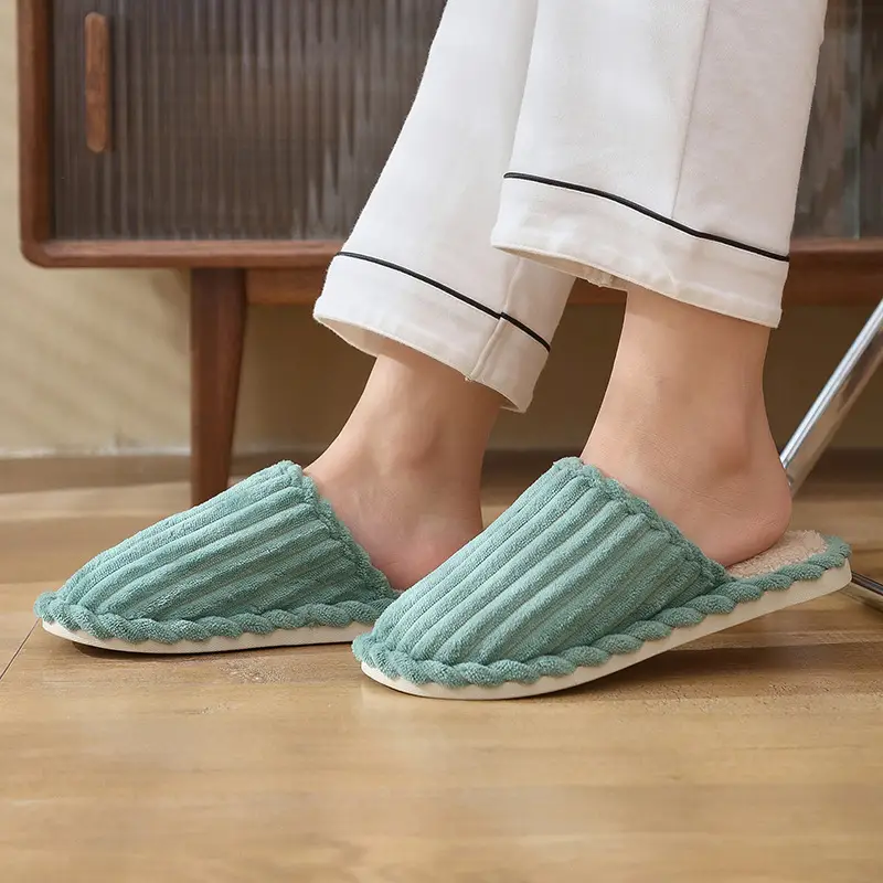Warm striped cotton slippers home indoor men and women couples thickened non-slip wool plush cotton slippers factory stall wholesale
