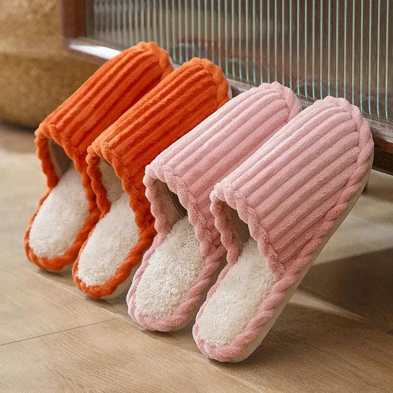 Warm striped cotton slippers home indoor men and women couples thickened non-slip wool plush cotton slippers factory stall wholesale