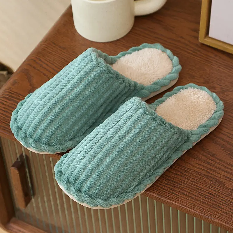 Warm striped cotton slippers home indoor men and women couples thickened non-slip wool plush cotton slippers factory stall wholesale