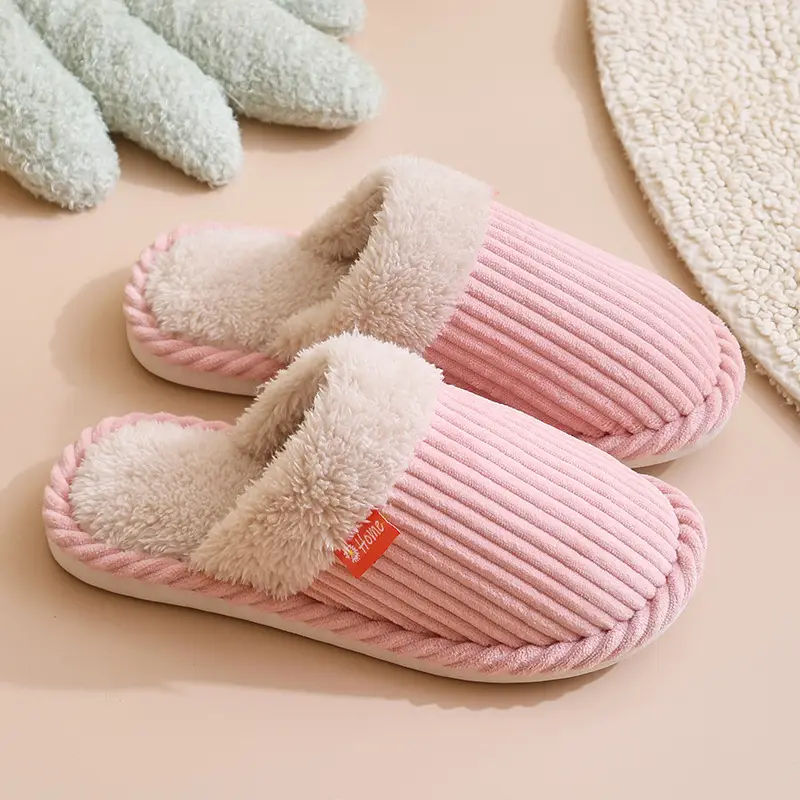 Warm striped cotton slippers home indoor men and women couples thickened non-slip wool plush cotton slippers factory stall wholesale