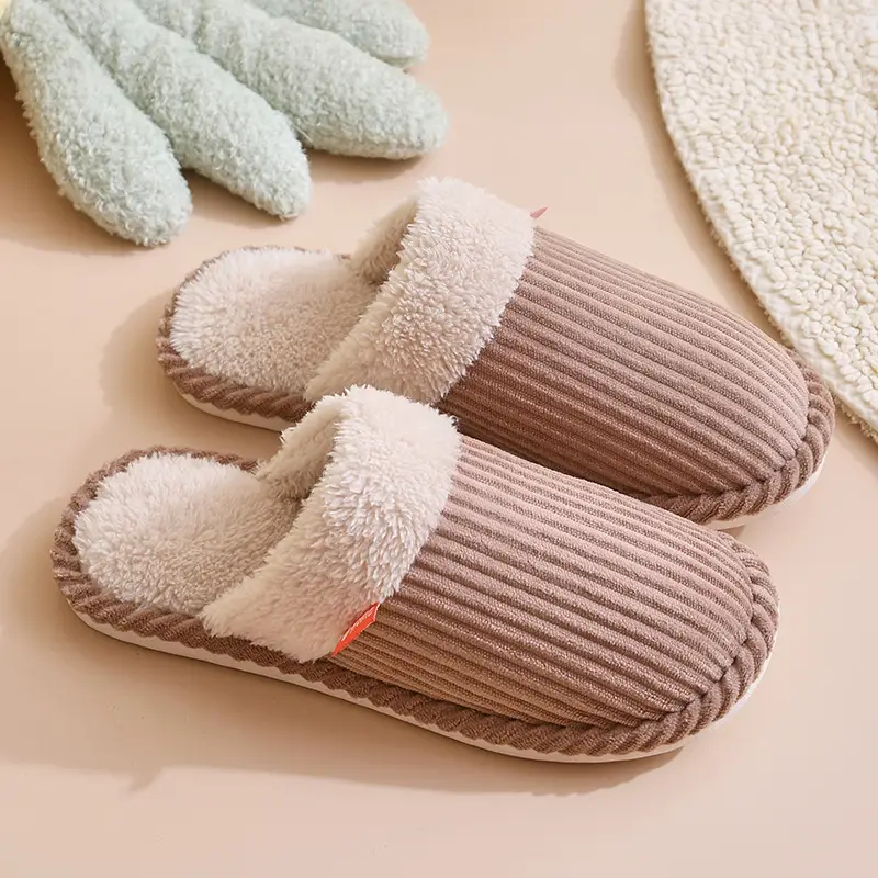 Warm striped cotton slippers home indoor men and women couples thickened non-slip wool plush cotton slippers factory stall wholesale