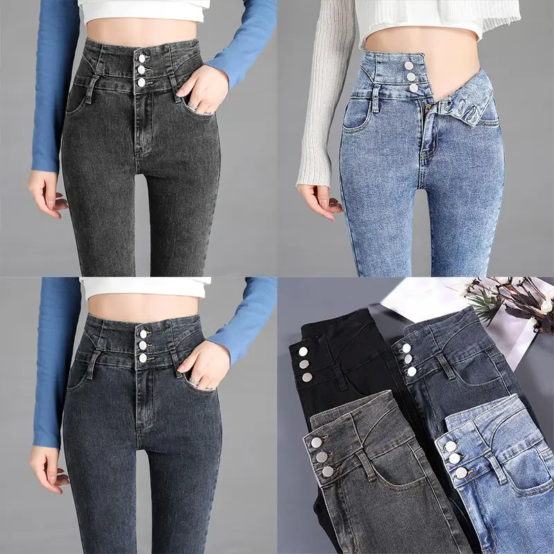 Three-button High-waist Belly-Tucking Jeans Women