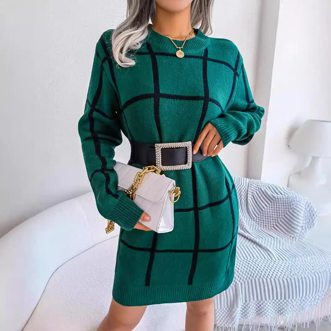 2025 Women's Beige Black Grid Long Sleeve Skirt - Image 5