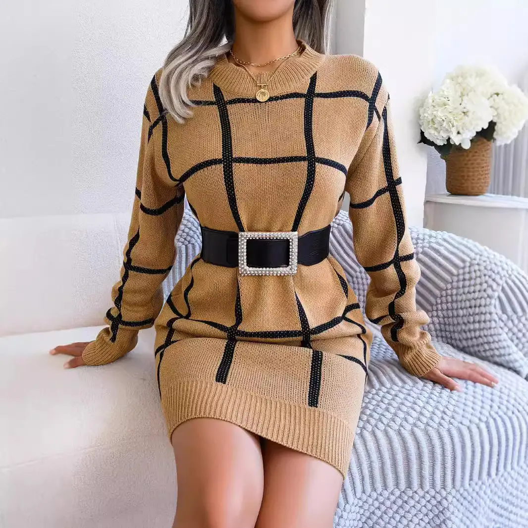 2025 Women's Beige Black Grid Long Sleeve Skirt - Image 7