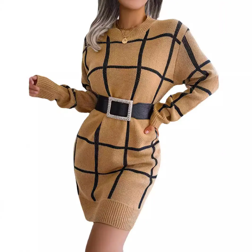 2025 Women's Beige Black Grid Long Sleeve Skirt - Image 8