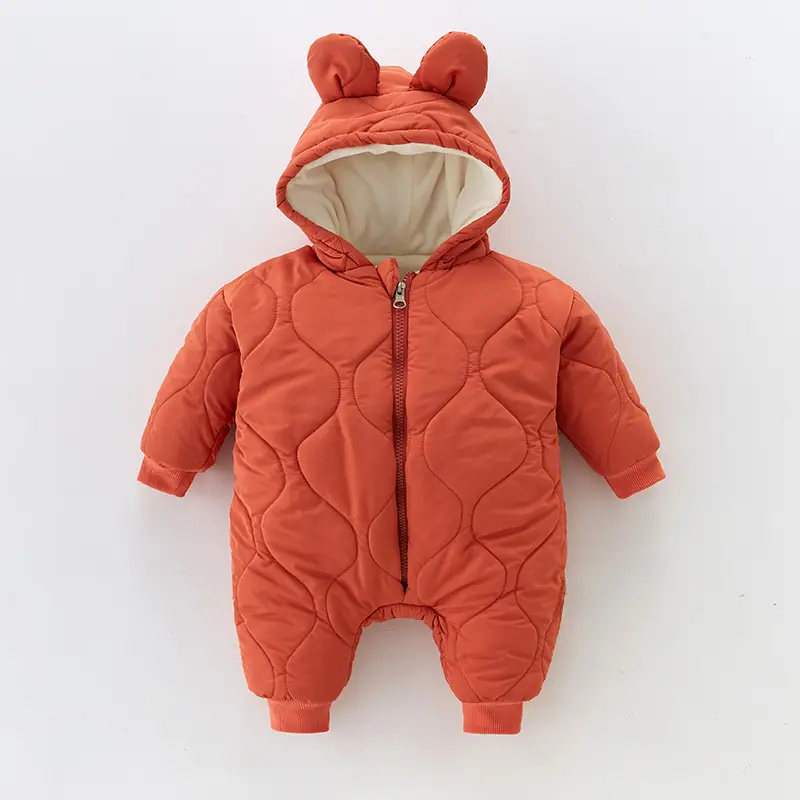 Newborn Hooded Puffer Suit Orange Velvet Cotton Winter - Image 4