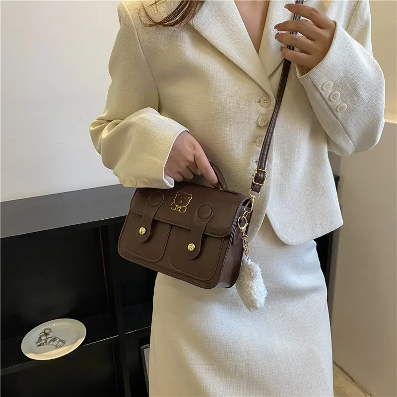 Women's Brown PU Leather Crossbody Bag with Pendant