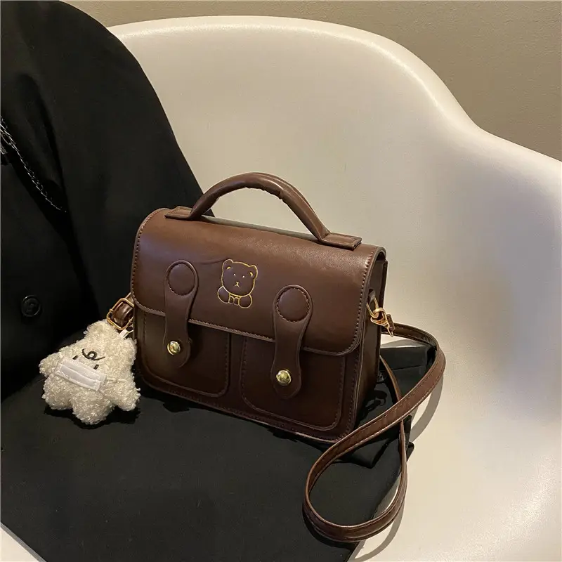Women's Brown PU Leather Crossbody Bag with Pendant