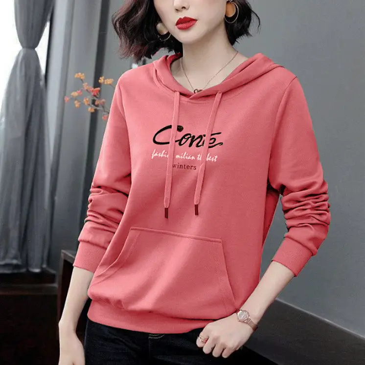 Women's Pink Hooded Sweatshirt 2022 Spring Autumn Loose Fit - Image 9