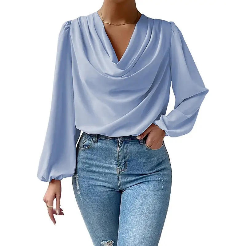 Purple Chiffon Long Sleeve V-Neck T-Shirt for Women - Image 5