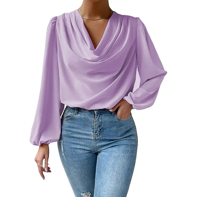 Purple Chiffon Long Sleeve V-Neck T-Shirt for Women - Image 10
