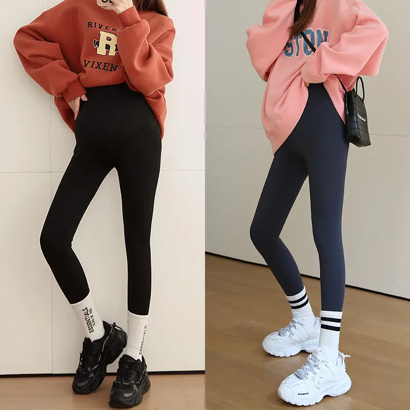 Pregnant Women Black Velvet Leggings Cream Trim