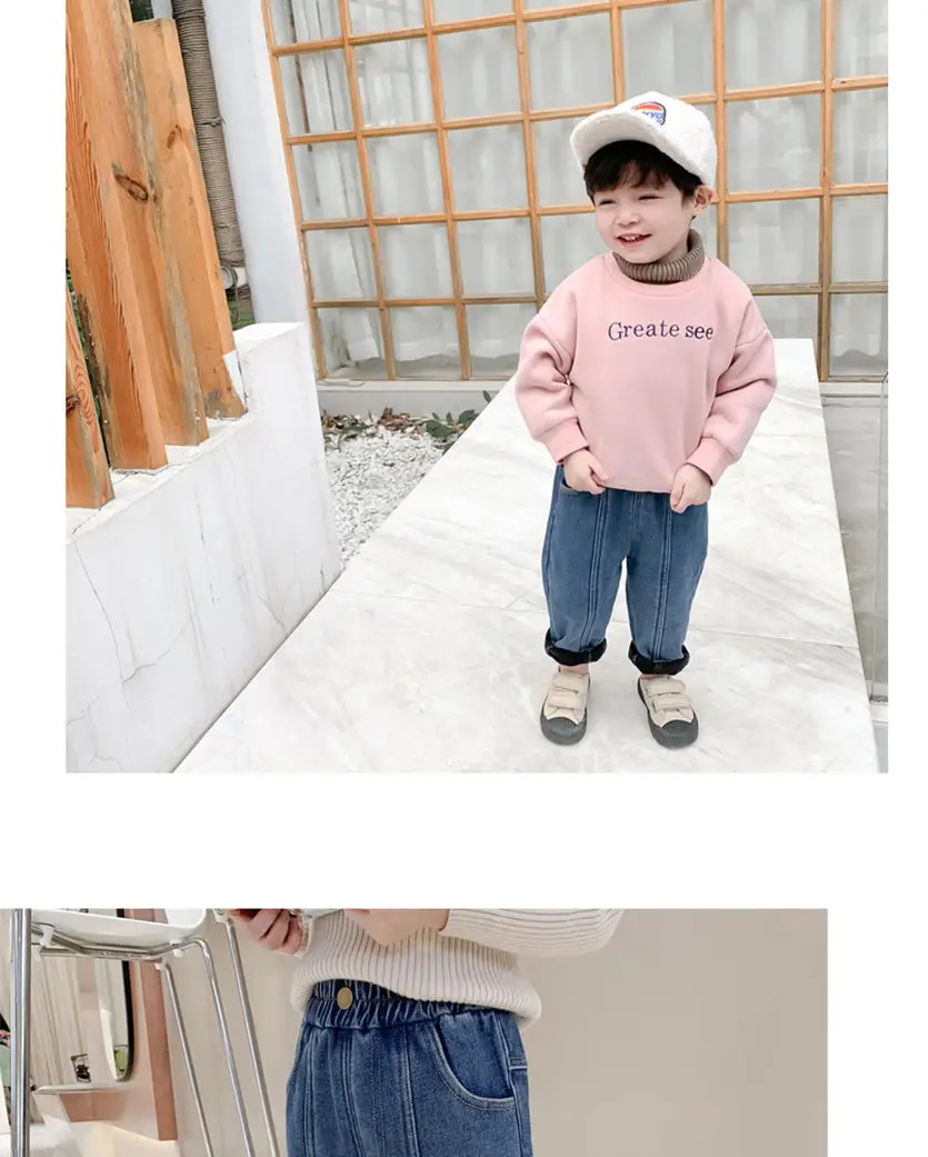 Kids Denim Capri Pants Blue Loose Winter Warm — feature 9