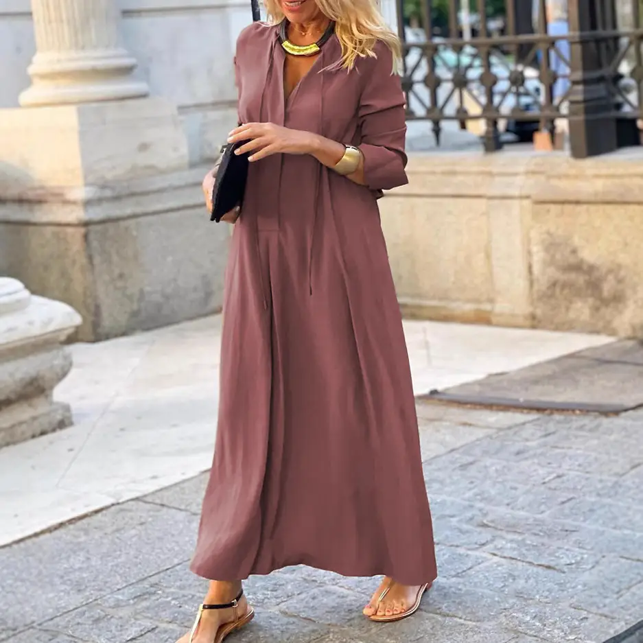 Brown Flared Skirt with Long Sleeve Lapel Shirt Dress