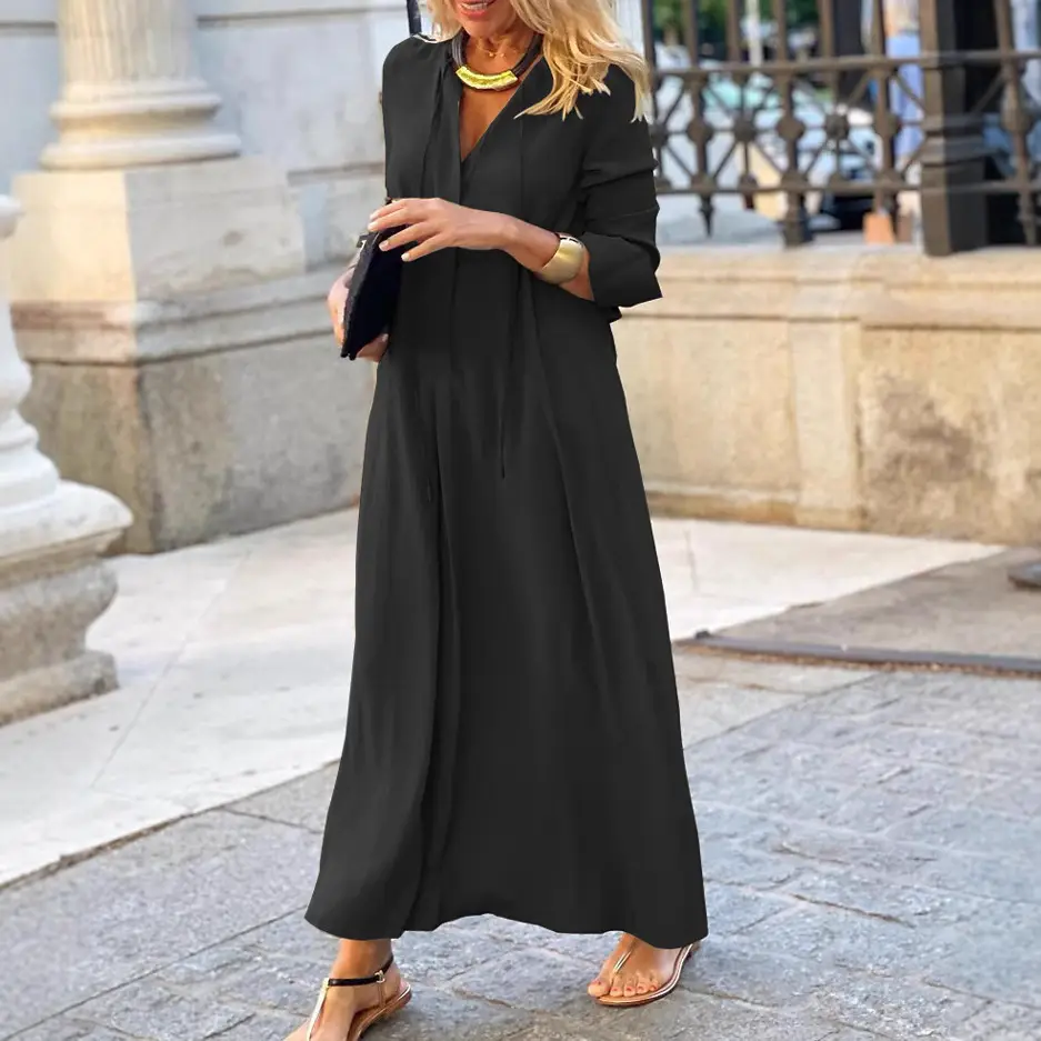 Brown Flared Skirt with Long Sleeve Lapel Shirt Dress