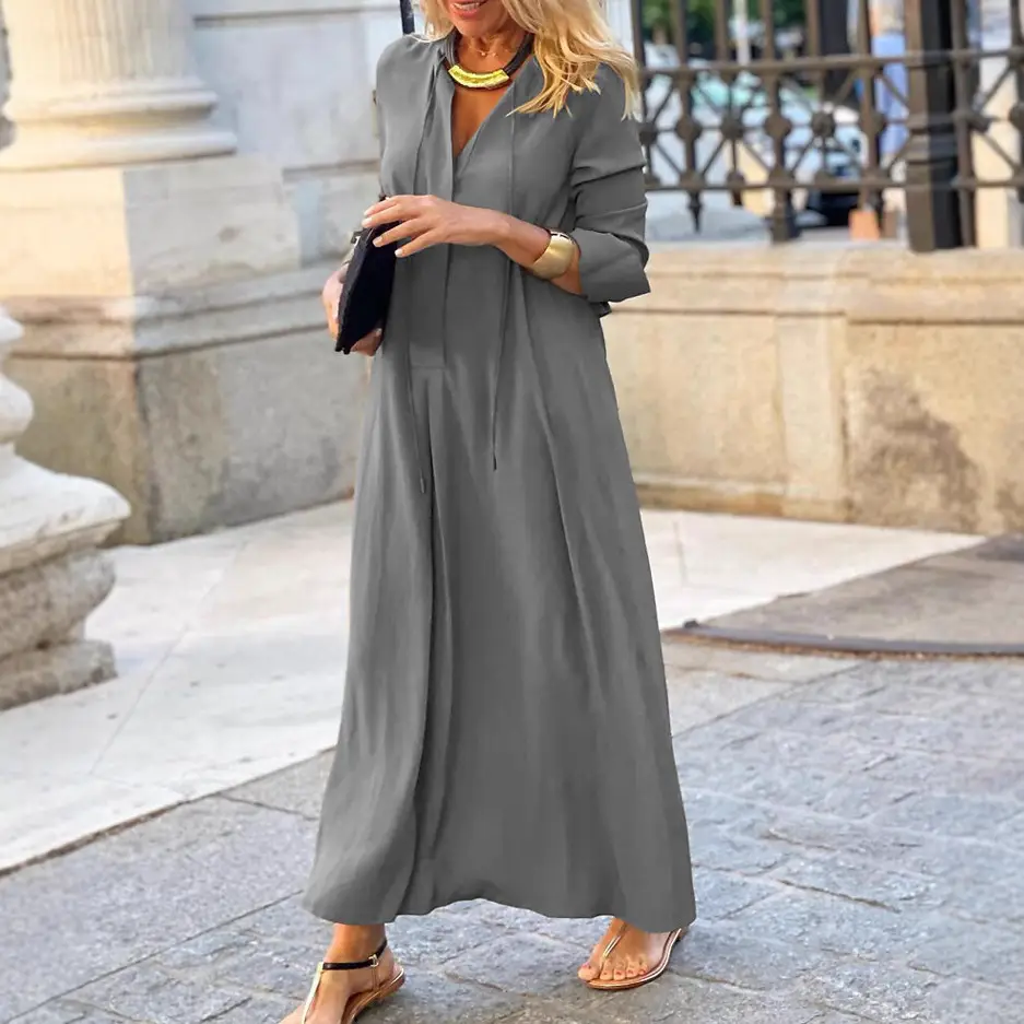 Brown Flared Skirt with Long Sleeve Lapel Shirt Dress