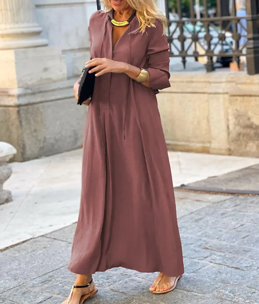 Brown Flared Skirt with Long Sleeve Lapel Shirt Dress