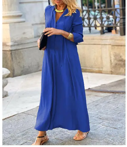 Brown Flared Skirt with Long Sleeve Lapel Shirt Dress