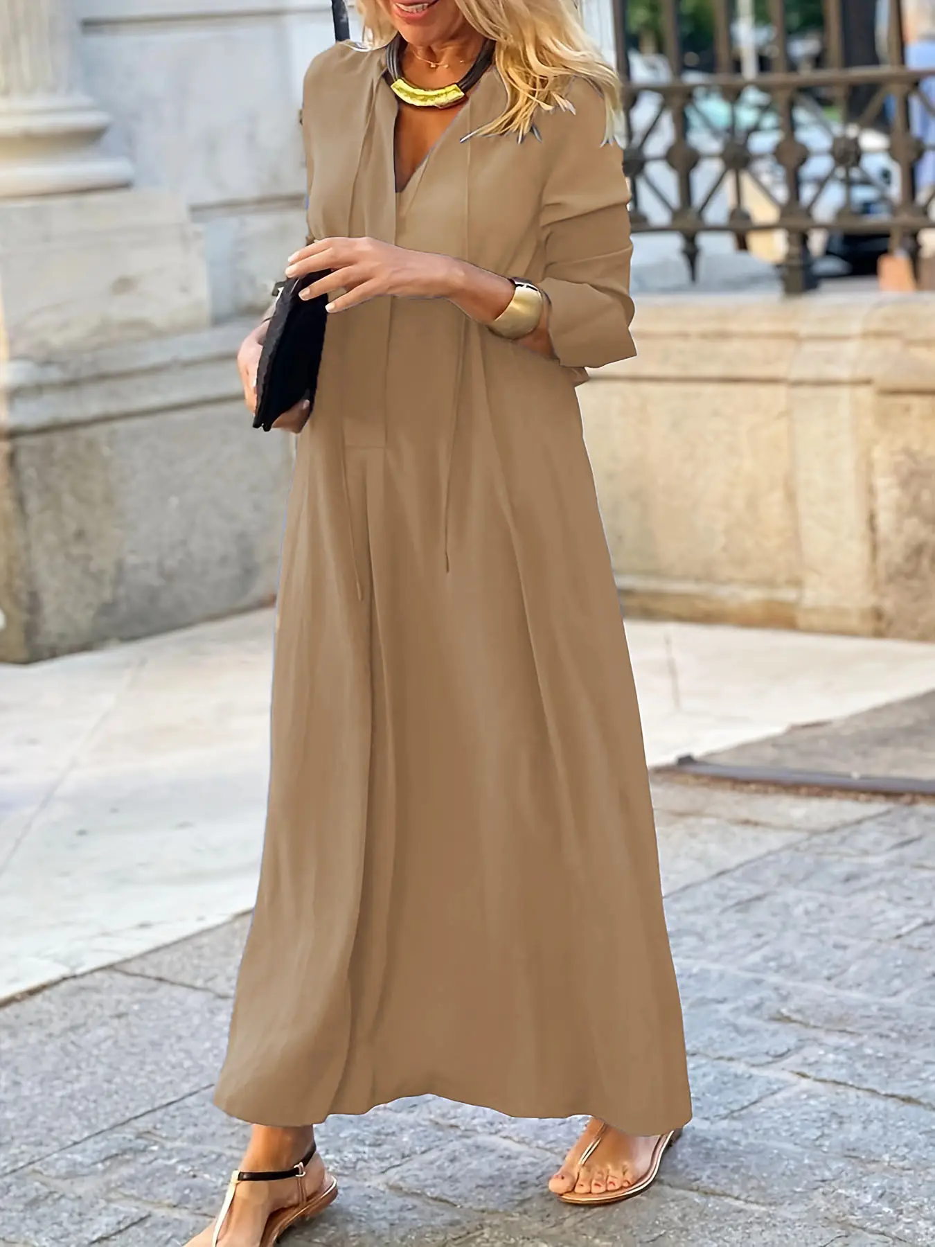 Brown Flared Skirt with Long Sleeve Lapel Shirt Dress
