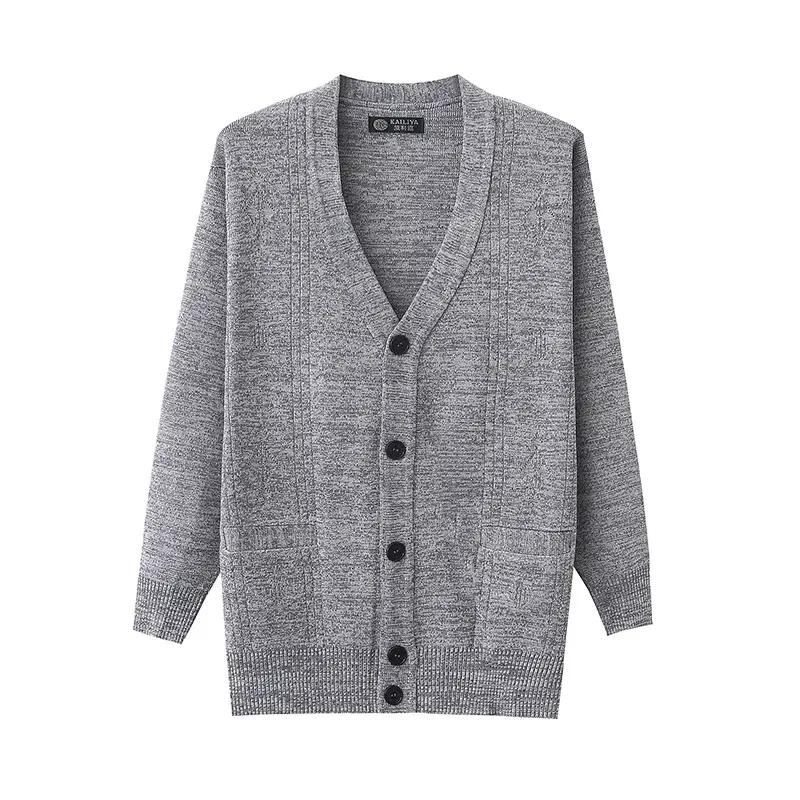 Men V-Neck Cardigan Coat Grey Black Cotton - Image 7