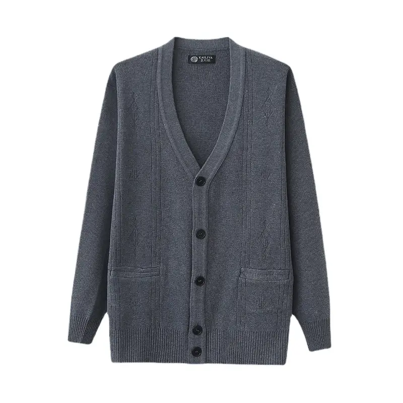 Men V-Neck Cardigan Coat Grey Black Cotton - Image 10
