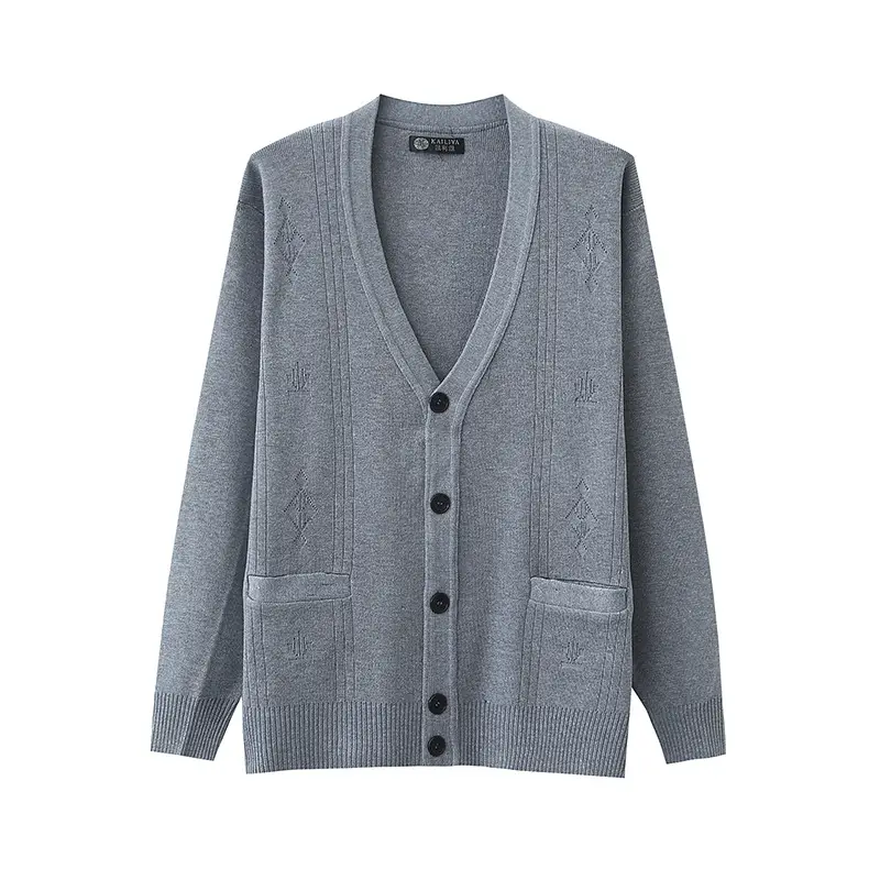 Men V-Neck Cardigan Coat Grey Black Cotton - Image 3