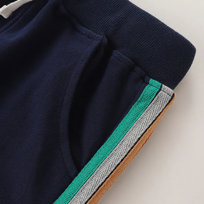 Kids Terry Cotton Pants Navy Blue with Green Stripes - Image 8