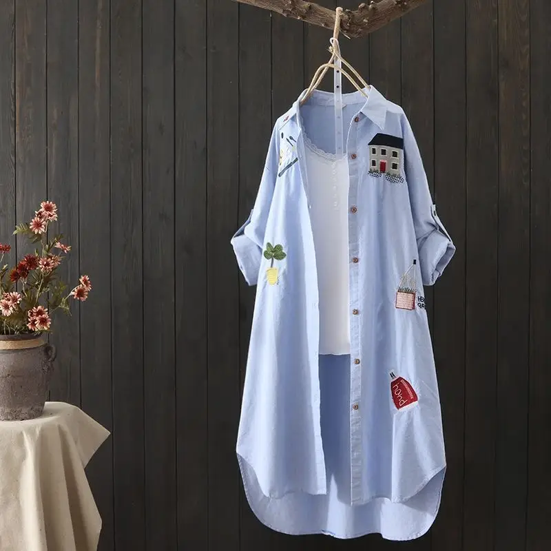 Women Korean Style Cotton Sun Protection Shirt White Loose Mid Length - Image 4