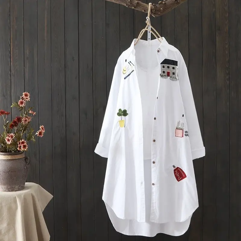 Women Korean Style Cotton Sun Protection Shirt White Loose Mid Length - Image 5