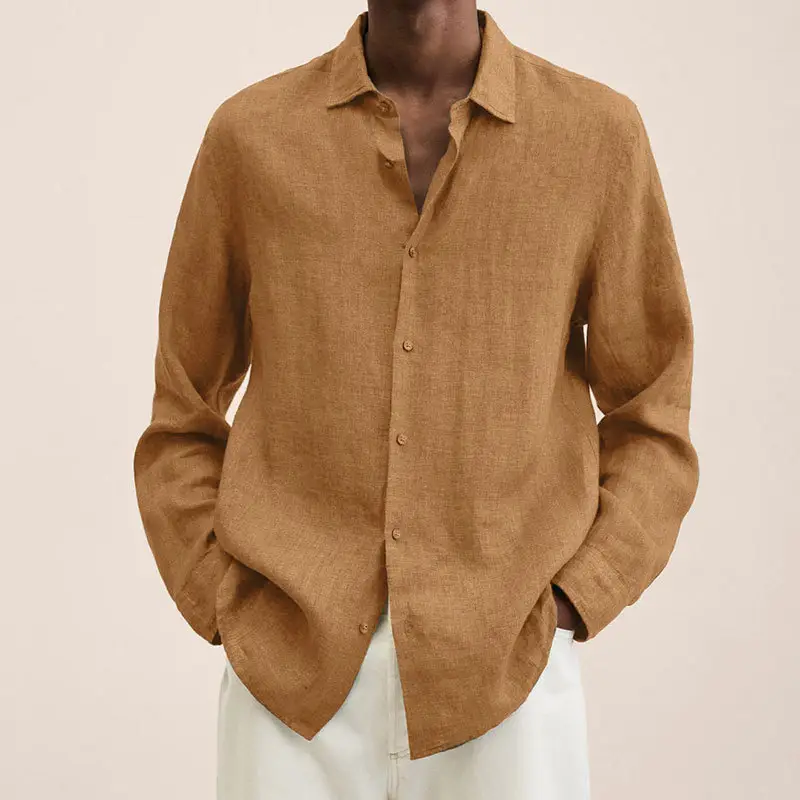 Men Cotton Linen V Neck Shirt Grey 2025 Autumn - Image 14