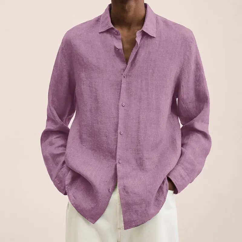 Men Cotton Linen V Neck Shirt Grey 2025 Autumn - Image 16